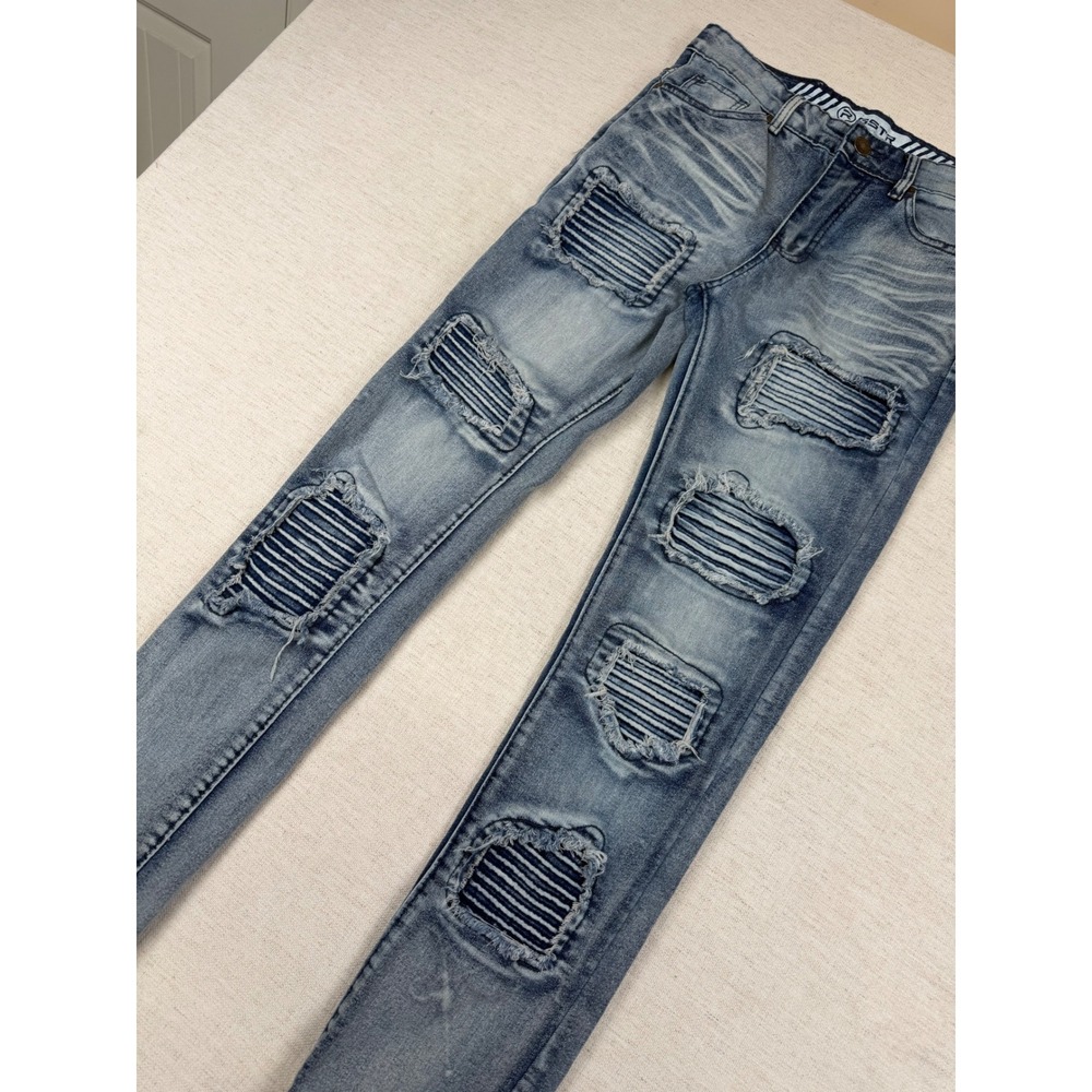GSTR Raw Mens Blue Distressed Moto Biker Jeans Slim Fit Ribbed Stacked 30x30 - Picture 9 of 11